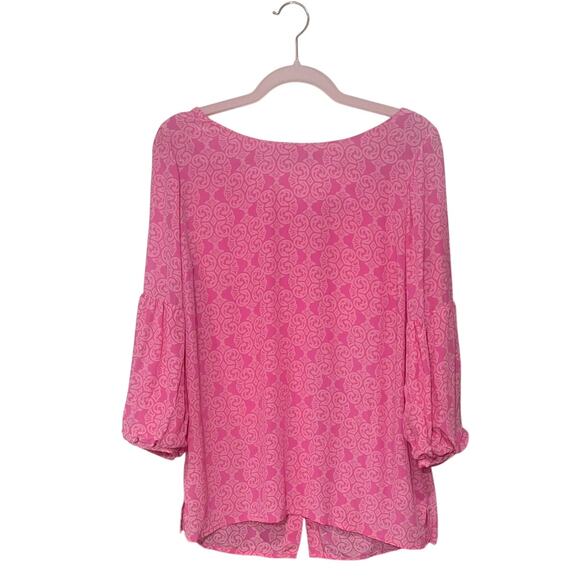 Lilly Pulitzer Bay Printed Parade Pink Floored 100% Silk Tunic Blouse Sz 10 - Picture 1 of 7